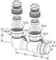 Schematik einer Verschraubung mit mehreren Komponenten. Die Darstellung zeigt eine Verbindung mit unterschiedlichen Gewindegrößen, hergestellt von IMI Hydronic Engineering.